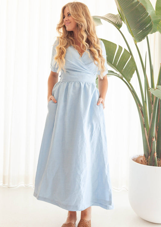 Light Gray Florence Wrap Dress - Powder Blue Linen