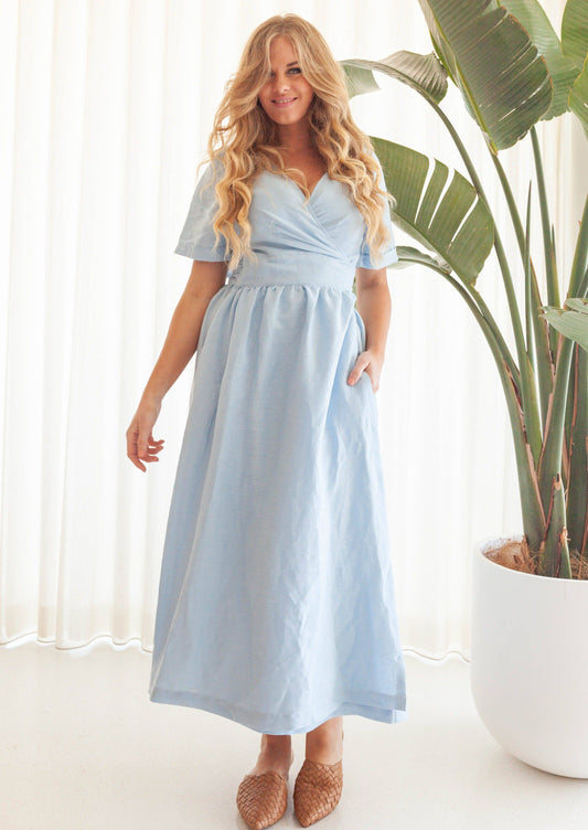Light Gray Florence Wrap Dress - Powder Blue Linen