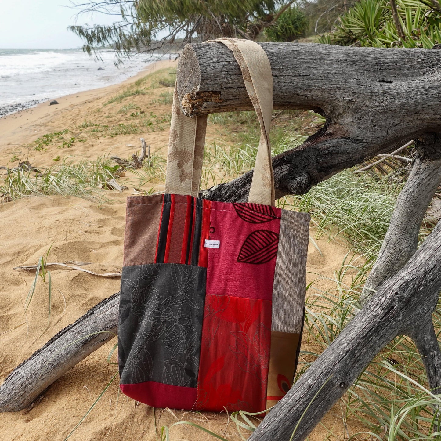 Dim Gray Daphne Tote - Upcycled Red Patchwork