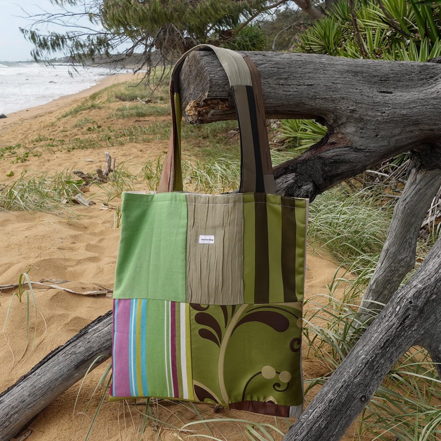 Dark Olive Green Daphne Tote - UpCycled Forest Green Patchwork