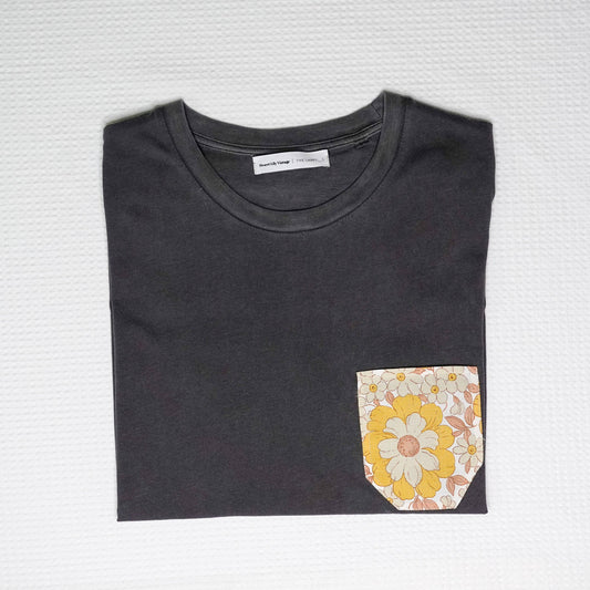 Dark Slate Gray Charcoal Organic Cotton T-Shirts with Yellow Floral Pocket Square - Large