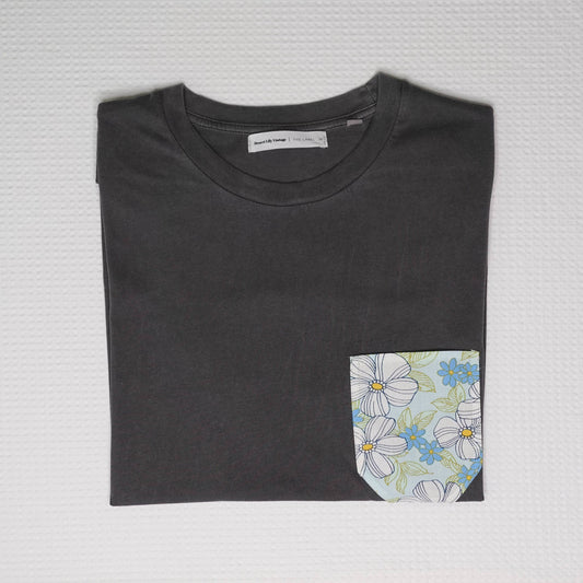 Dark Slate Gray Charcoal Organic Cotton T-Shirts with Blue Floral Vintage Pocket Square - Medium